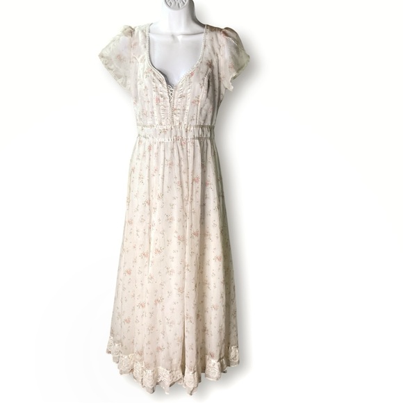 Gunne Sax Jessica Vintage Dress M Floral Chiffon Maxi Flutter Sleeve Cottagecore - Picture 2 of 15
